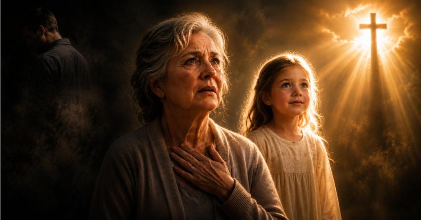 Grandmother realizing the truth about her husband's lies as her granddaughter stands beside her under a glowing cross