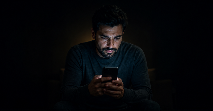 Man checking his partner's phone late at night in the dark