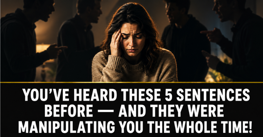 Woman holding her head in distress while shadowy figures point fingers at her, illustrating emotional manipulation and guilt-tripping
