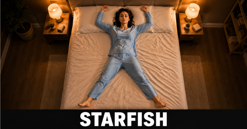 starfish sleep position personality - woman lying on back with arms stretched up