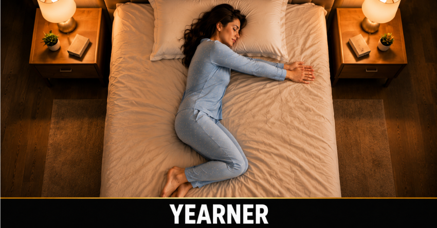 yearner sleep position personality - woman on side with arms reaching forward