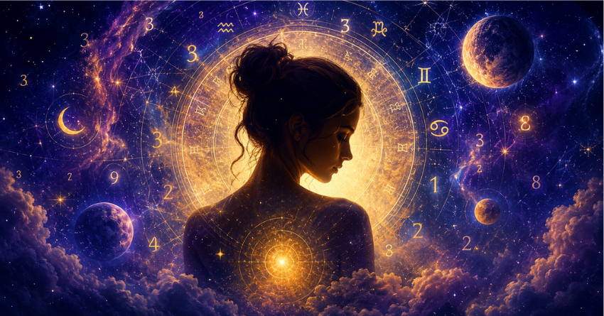 Mystical woman surrounded by zodiac symbols, planets, and glowing numerology numbers representing the spiritual meaning of a birth date.