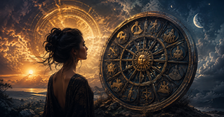 Mystical woman standing before a glowing karmic wheel under a starry night sky, symbolizing karma, destiny, spiritual awakening, and life choices.