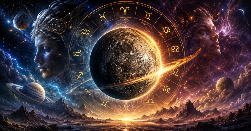 Mercury Retrograde cosmic illustration featuring the planet Mercury surrounded by zodiac symbols, glowing celestial energy, and colorful galaxy clouds.