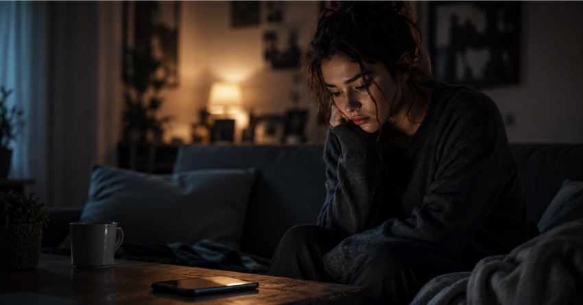 A sad young woman sitting alone at night, staring at her phone while waiting for a message in a dimly lit living room.